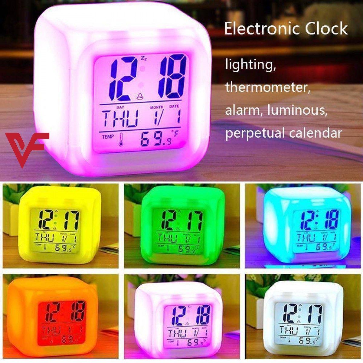 7-Color LED Digital Alarm Clock with Temperature & Calendar