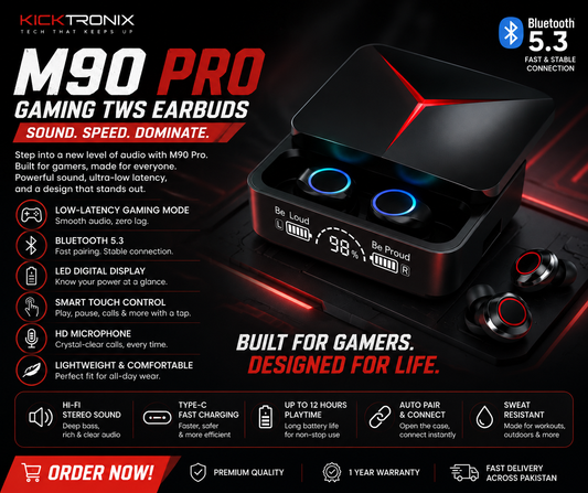 M90 Pro Gaming Earbuds Bluetooth 5.3 TWS Wireless Earbuds with LED Display Charging Case