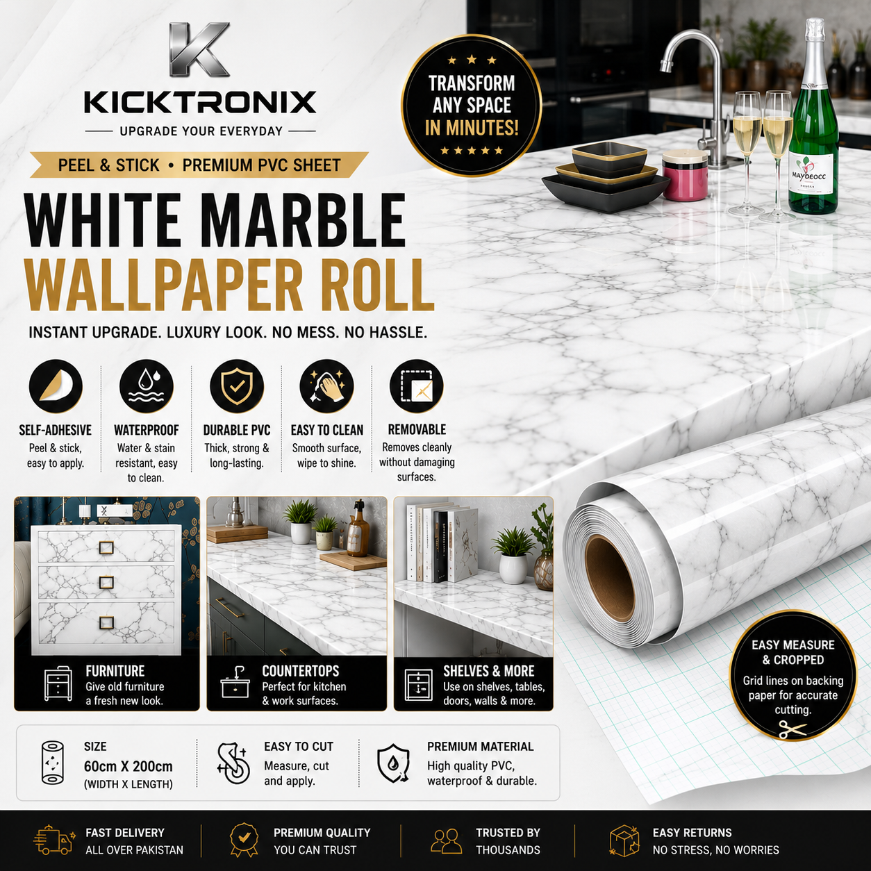White Marble Wallpaper Roll (60×200cm)
