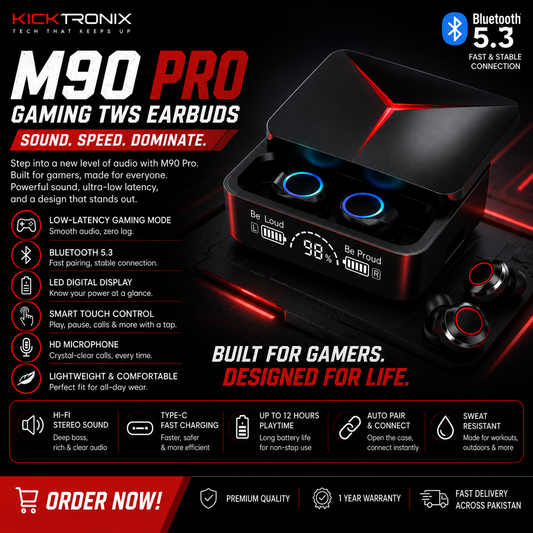 M90 Pro Gaming Earbuds | Bluetooth 5.3 TWS - product infographic with features