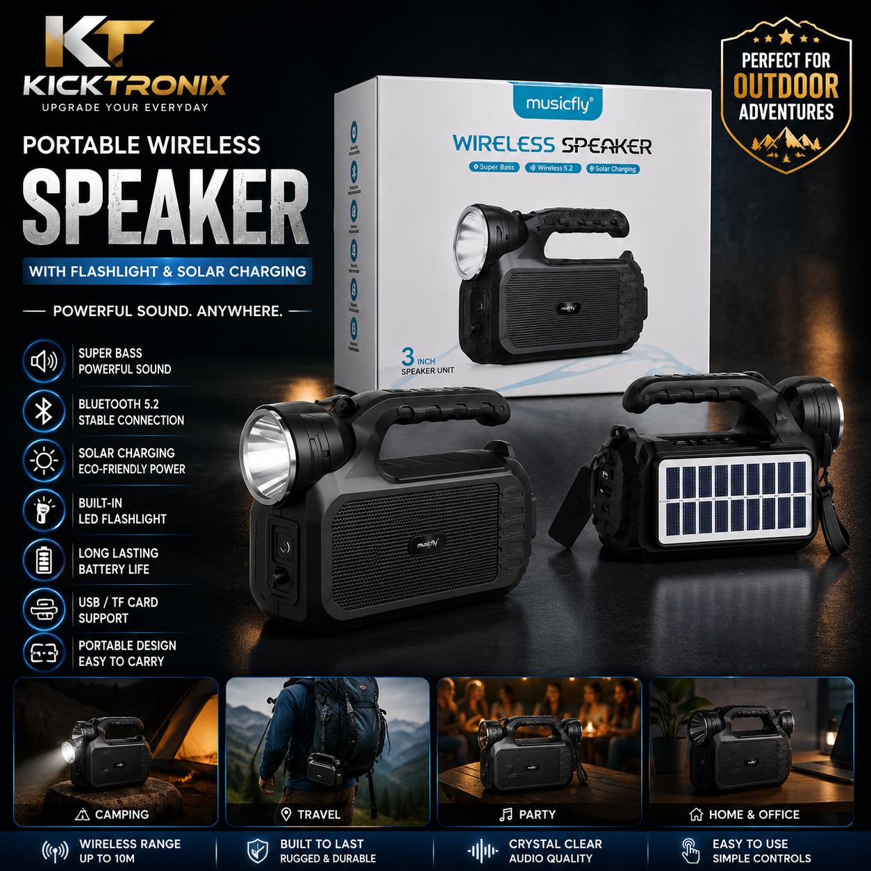 Portable Bluetooth Speaker with Flashlight & Solar Charging