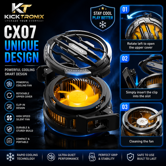 Magnetic phone cooler for gaming designed to keep devices cool with powerful fan and magnetic attachment.