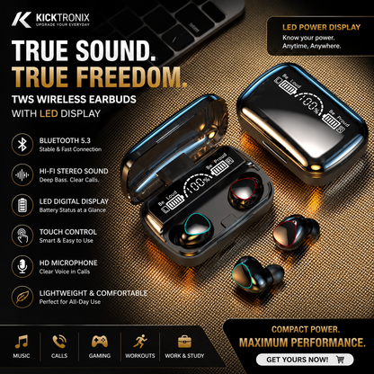 M10 Bluetooth 5.1 TWS Earbuds with Digital Display - product infographic with features