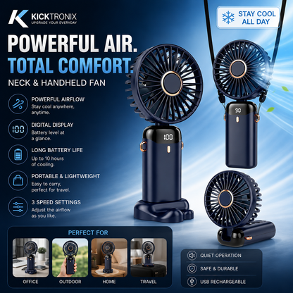 Portable Rechargeable USB Hand Fan with LED Display - product infographic with features