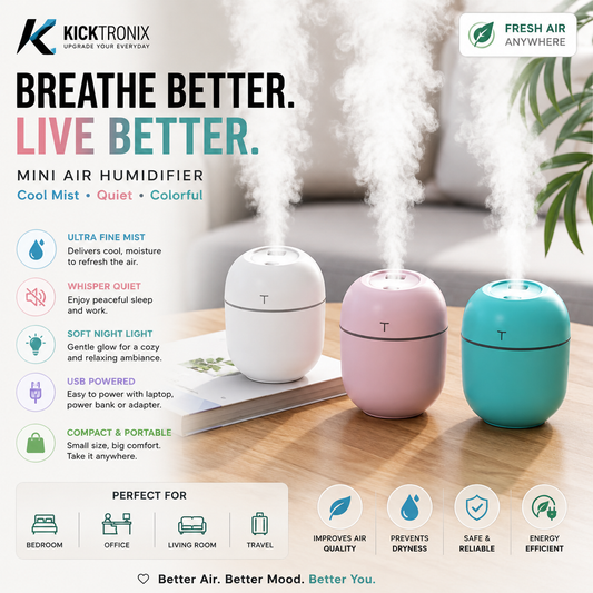 USB Air Humidifier with Night Light - product infographic with features