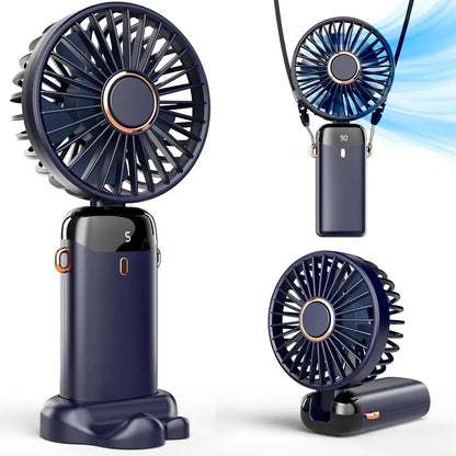 Portable Rechargeable USB Hand Fan with LED Display - folded and open views