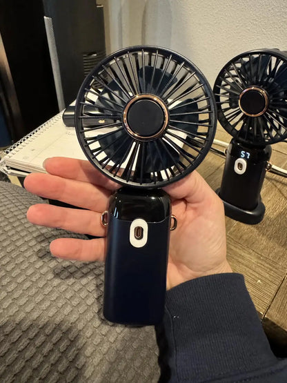 Portable Rechargeable USB Hand Fan with LED Display - handheld use close-up