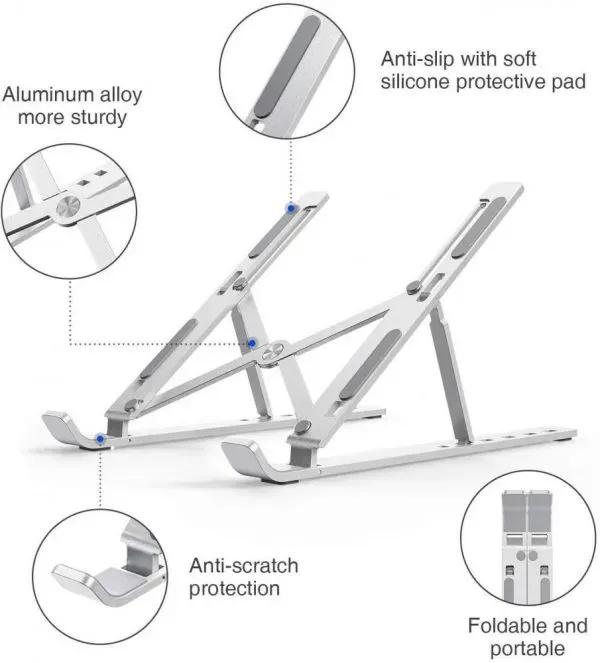 Adjustable Aluminium Laptop Stand | Foldable Portable Ergonomic Laptop Holder – Silver
