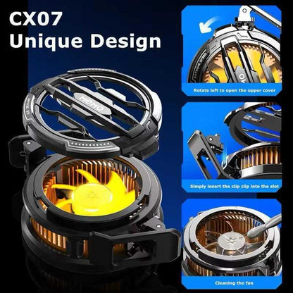 Magnetic phone cooler for gaming showing unique design and fan functionality for optimal device cooling.