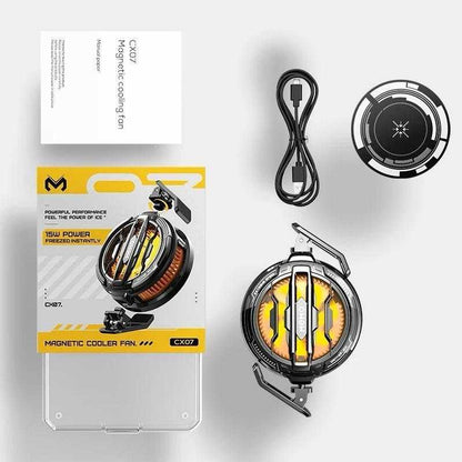 Magnetic phone cooler for gaming with packaging, fan, and cable, designed for serious mobile gamers.