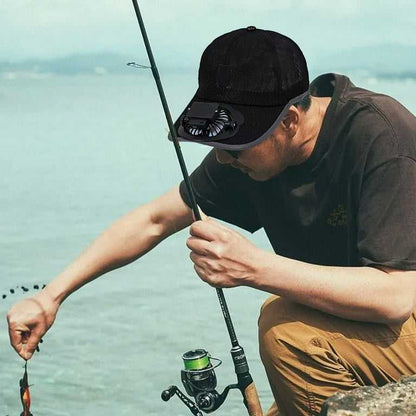 Rechargeable Cooling Fan Cap worn while fishing outdoors