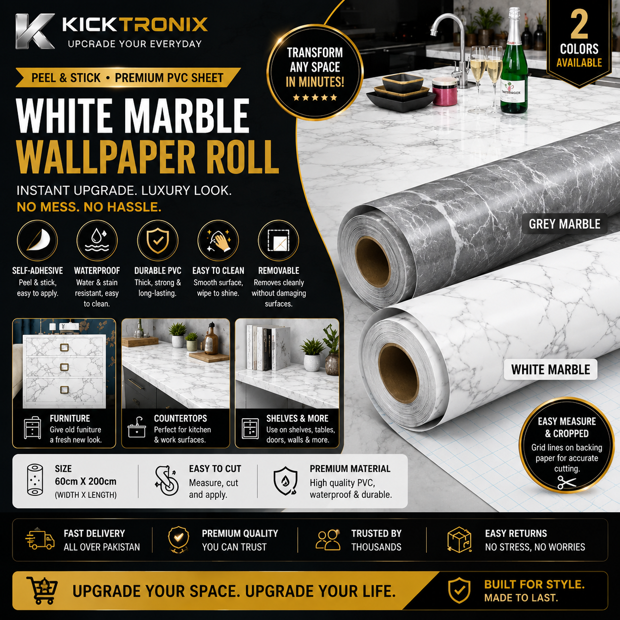Marble Wallpaper Roll (60×200cm)