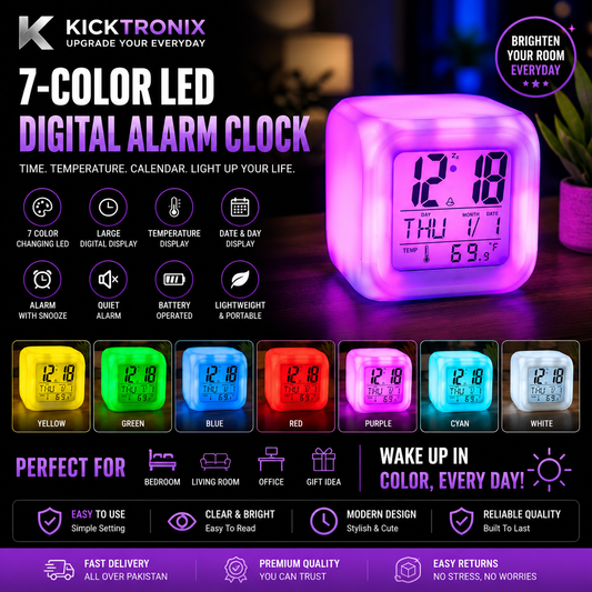 7-Color LED Digital Alarm Clock front display view