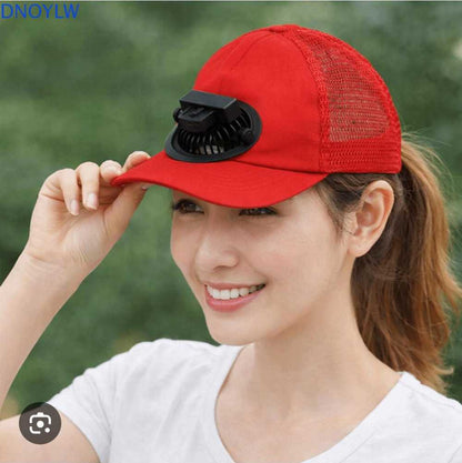Rechargeable Cooling Fan Cap worn by woman red color